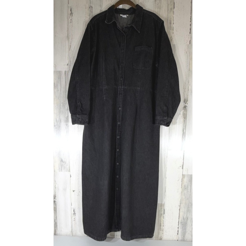 Mesa Denim Maxi Shirt Dress 1X Black Wash Button Front Modest Prairie Vintage